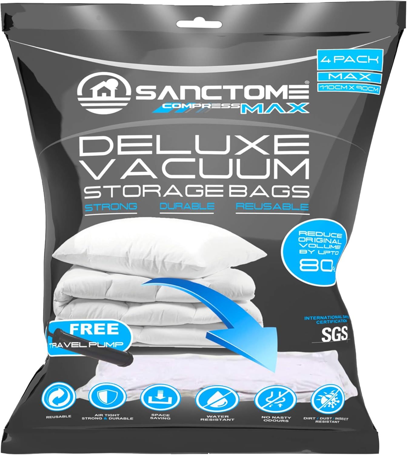 SANCTOME Pack of 4 Max Deluxe Vacuum Storage Bags With Travel Hand Pump