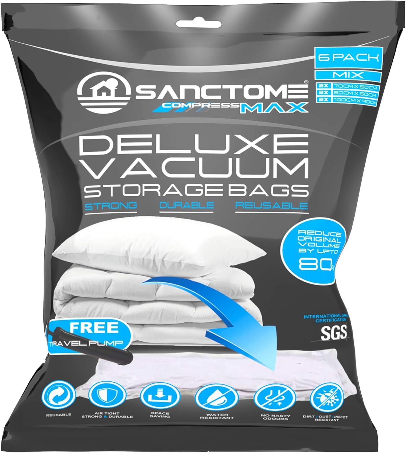 SANCTOME Pack of 6 Deluxe Vacuum Storage Bags With Travel Hand Pump