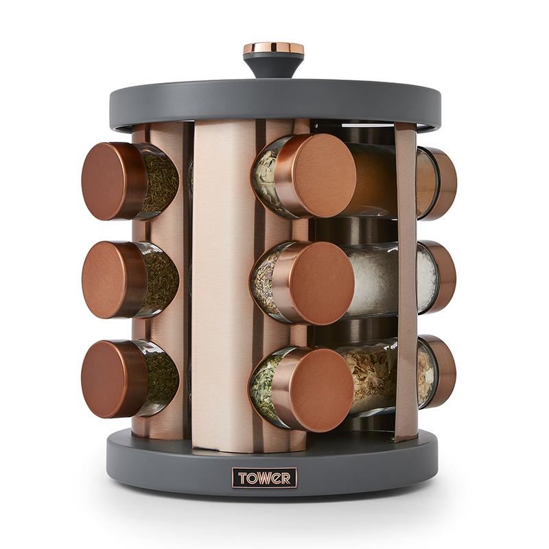 Tower Grey & Rose Gold Cavaletto 12 Jar Rotating Spice Rack