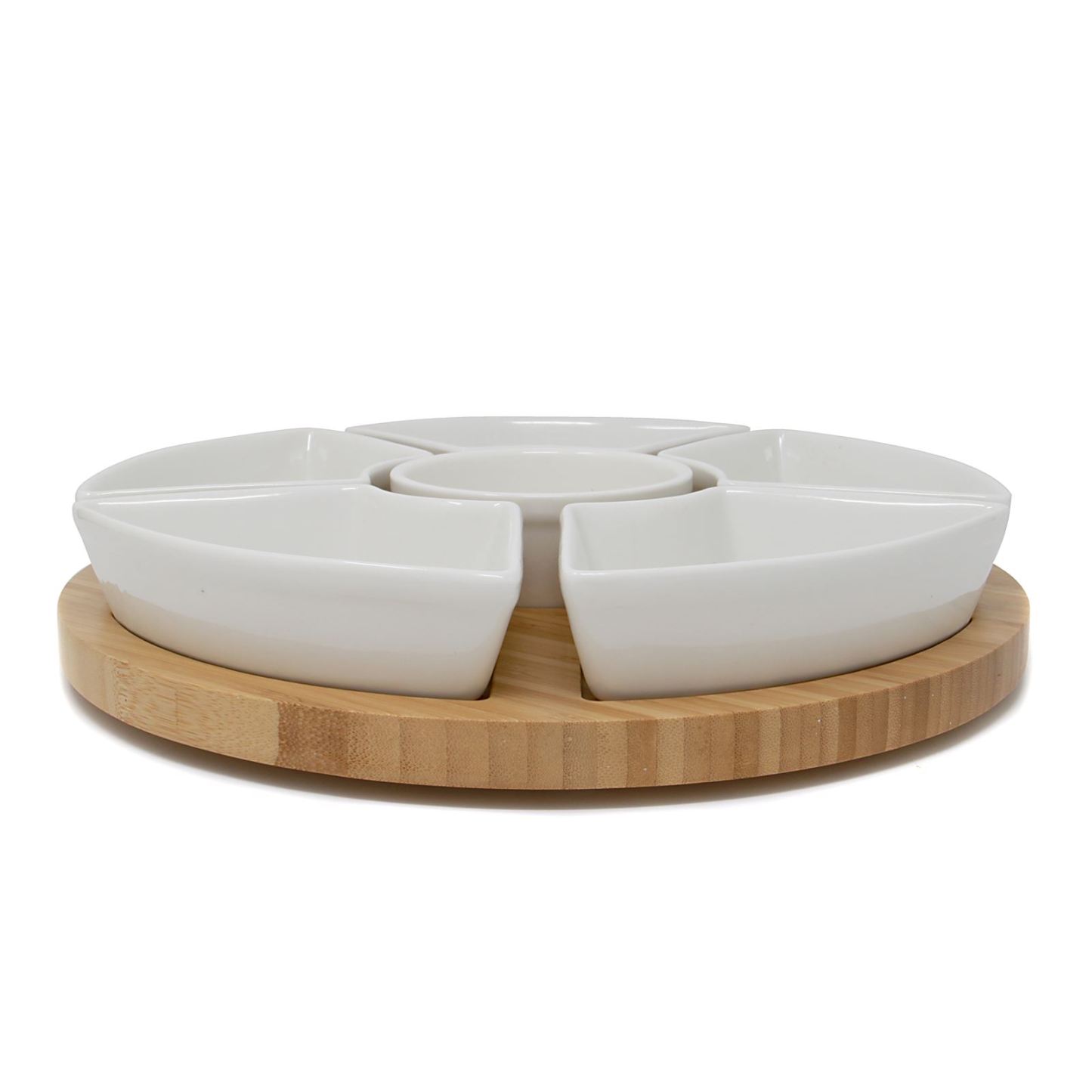 Lazy Susan Bamboo Rotating Dip Set & Ceramic Dishes | M&W