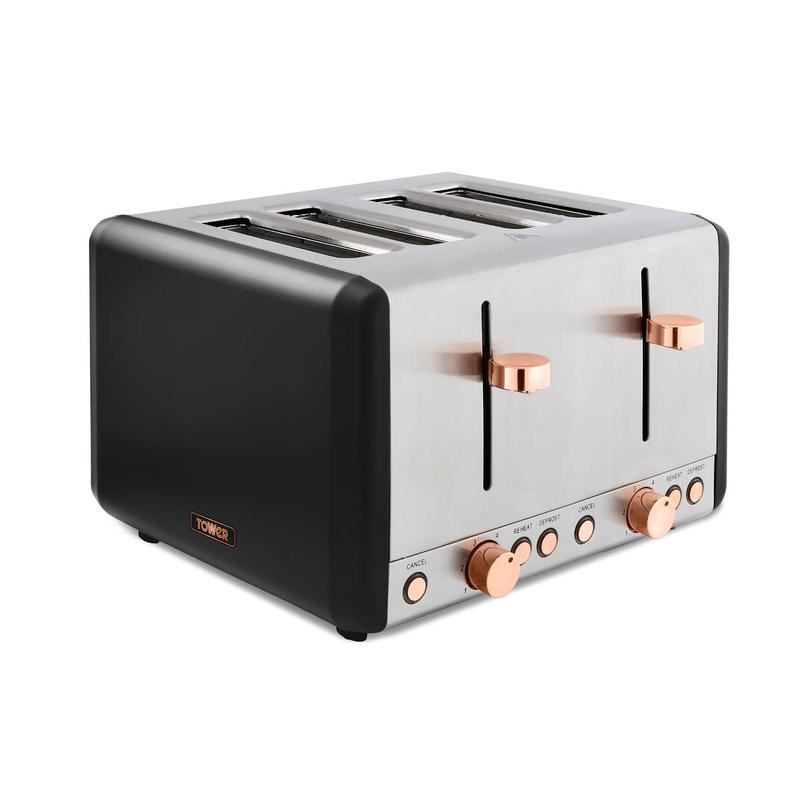 Tower Cavaletto 1800W Stainless Steel Black & Rose Gold 4 Slice Toaster UK Plug