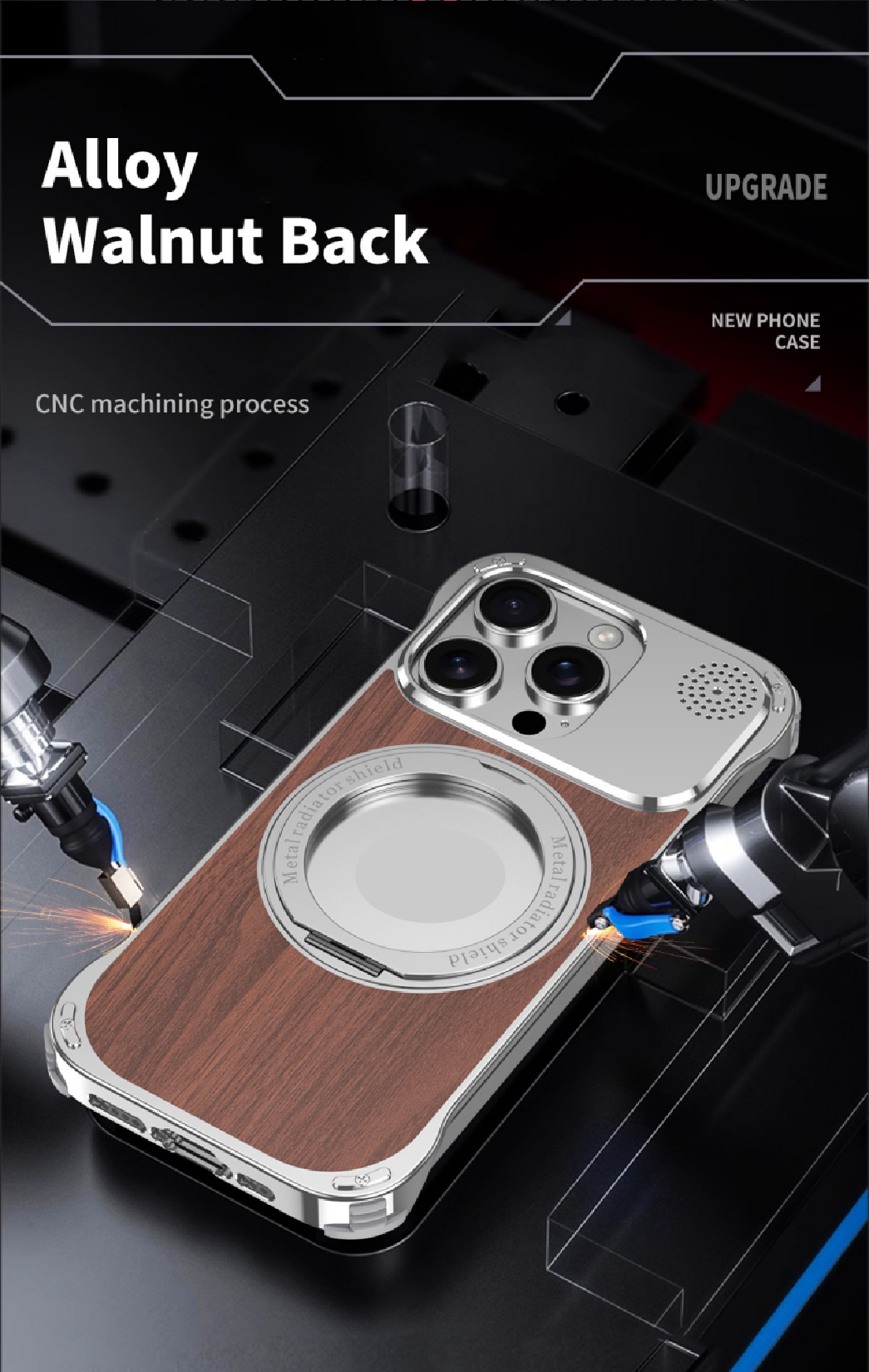 Walnut Metal Frameless Rotating Stand Magnetic Phone Case