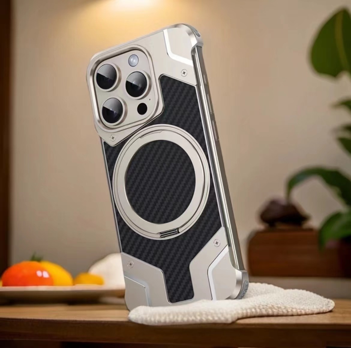 Magnetic Metal Carbon Fiber Rotating Bracket Phone Case