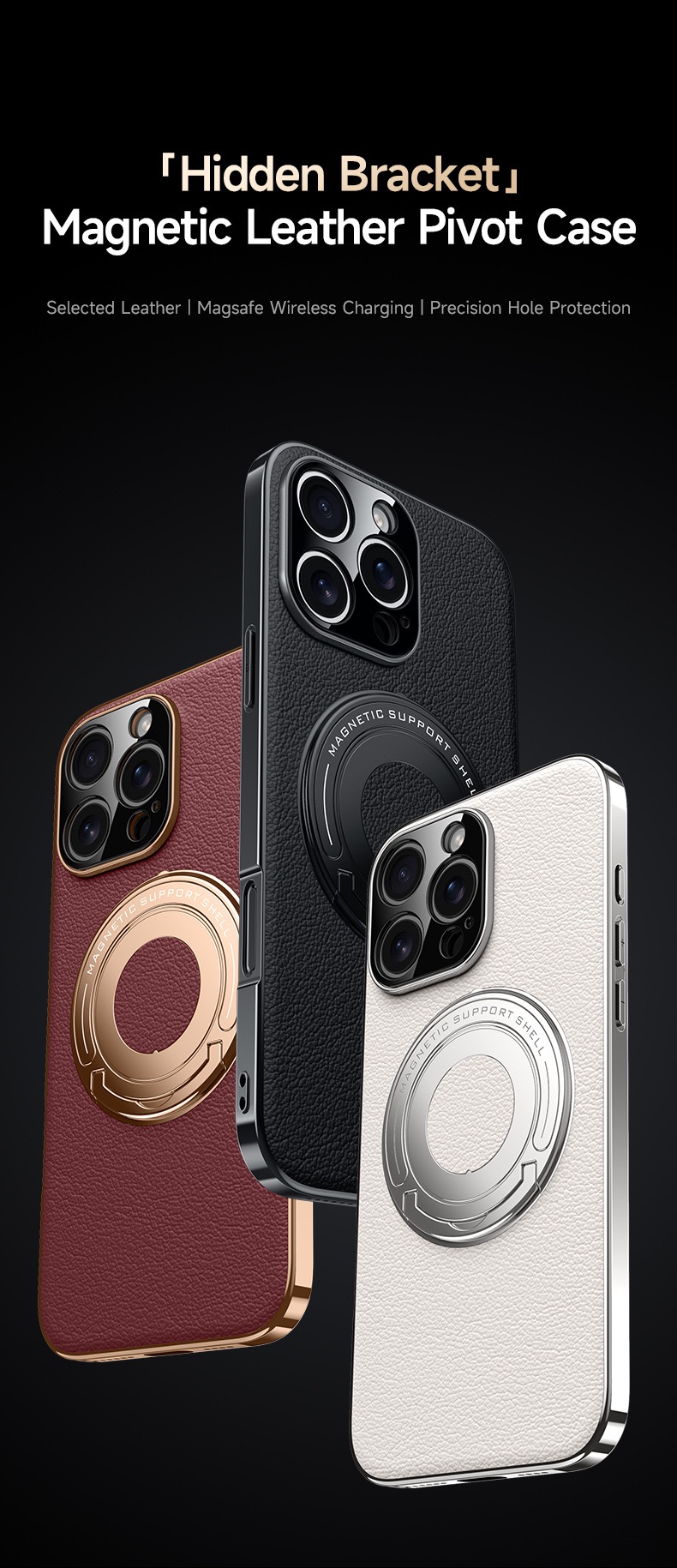 Hidden Bracket Magnetic Leather Pivot Case