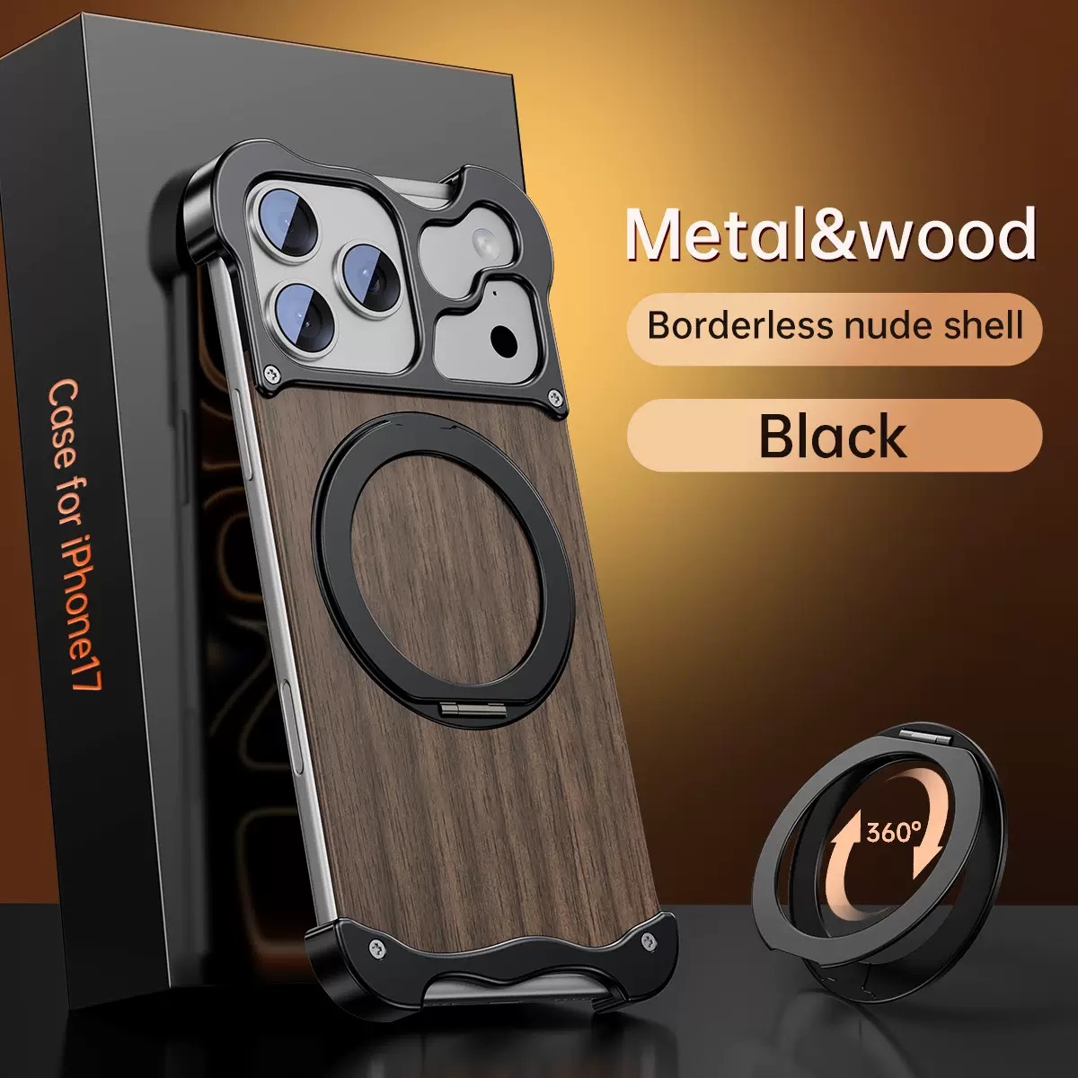 New Upgrade Elegant Appearance Metal & Solid Wood Rotating Stand Phone Case