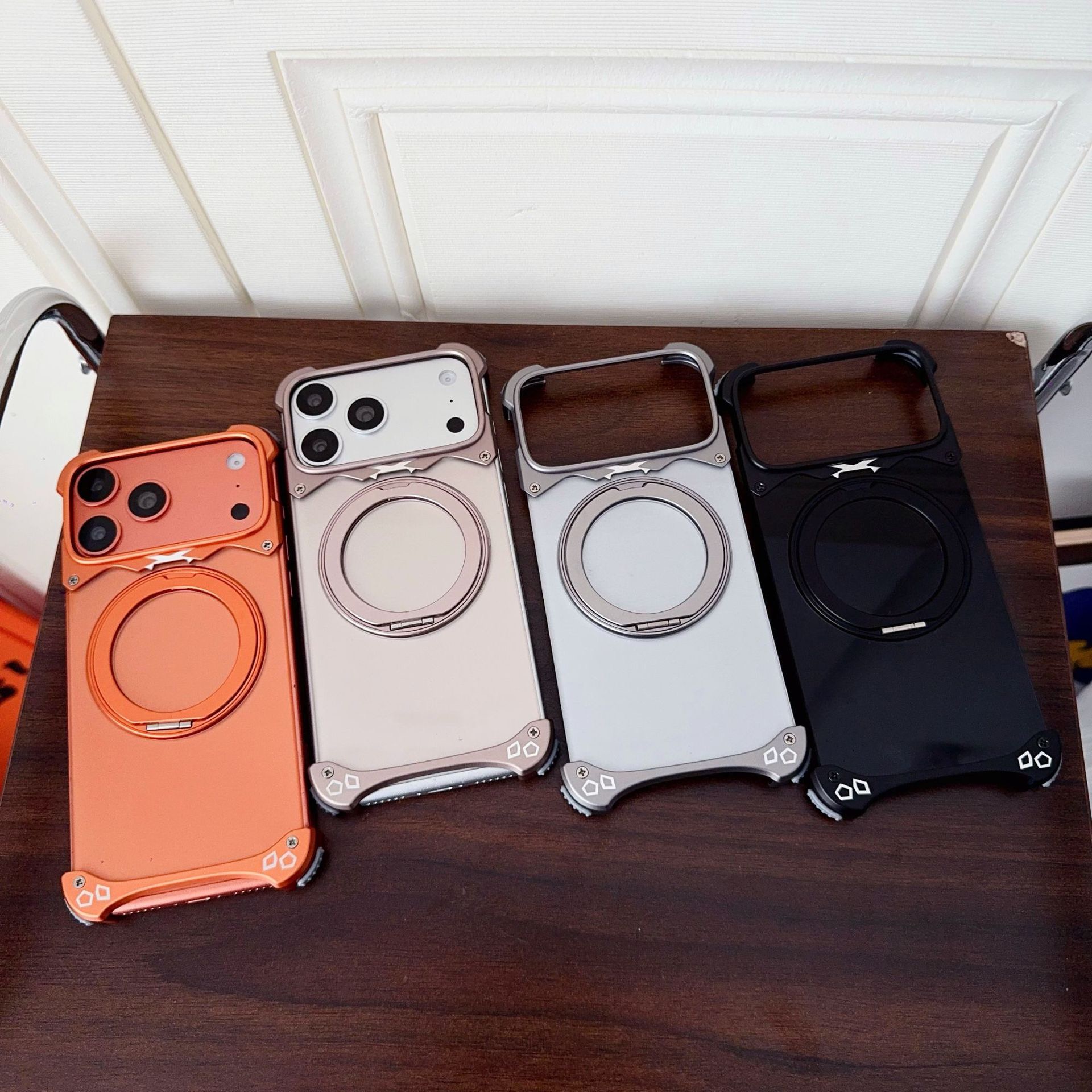 New metal transparent back panel magnetic rotating stand phone case