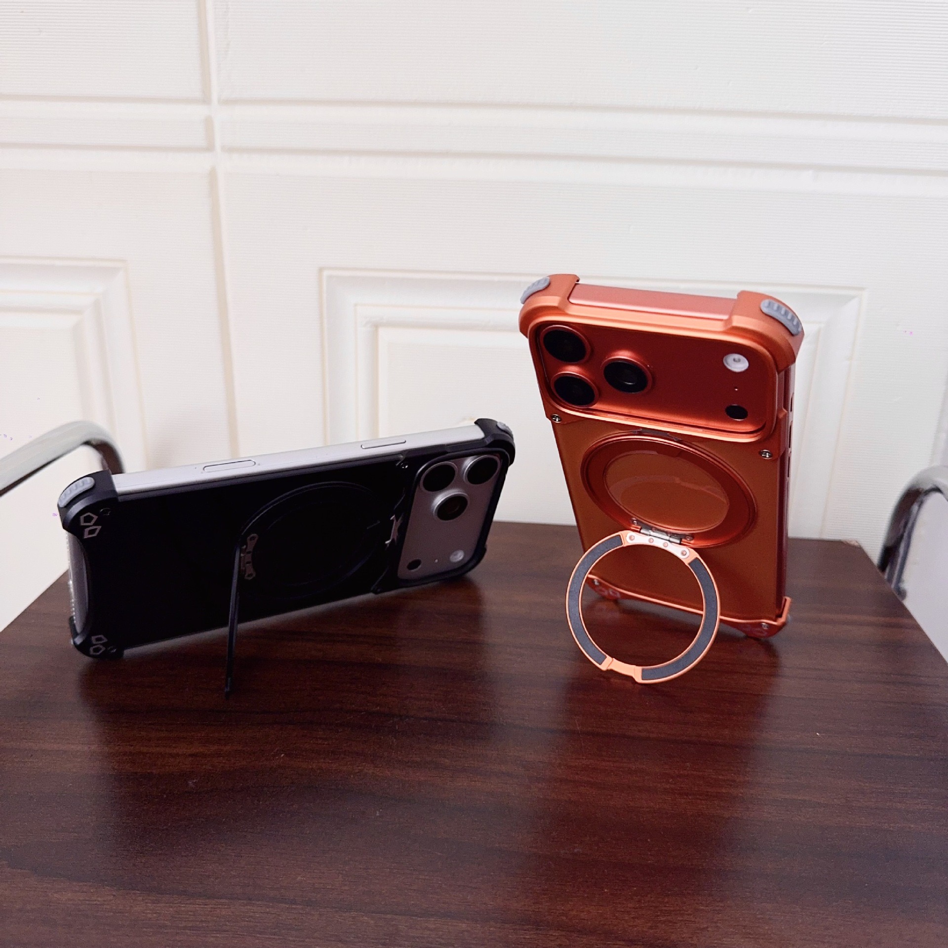 New metal transparent back panel magnetic rotating stand phone case