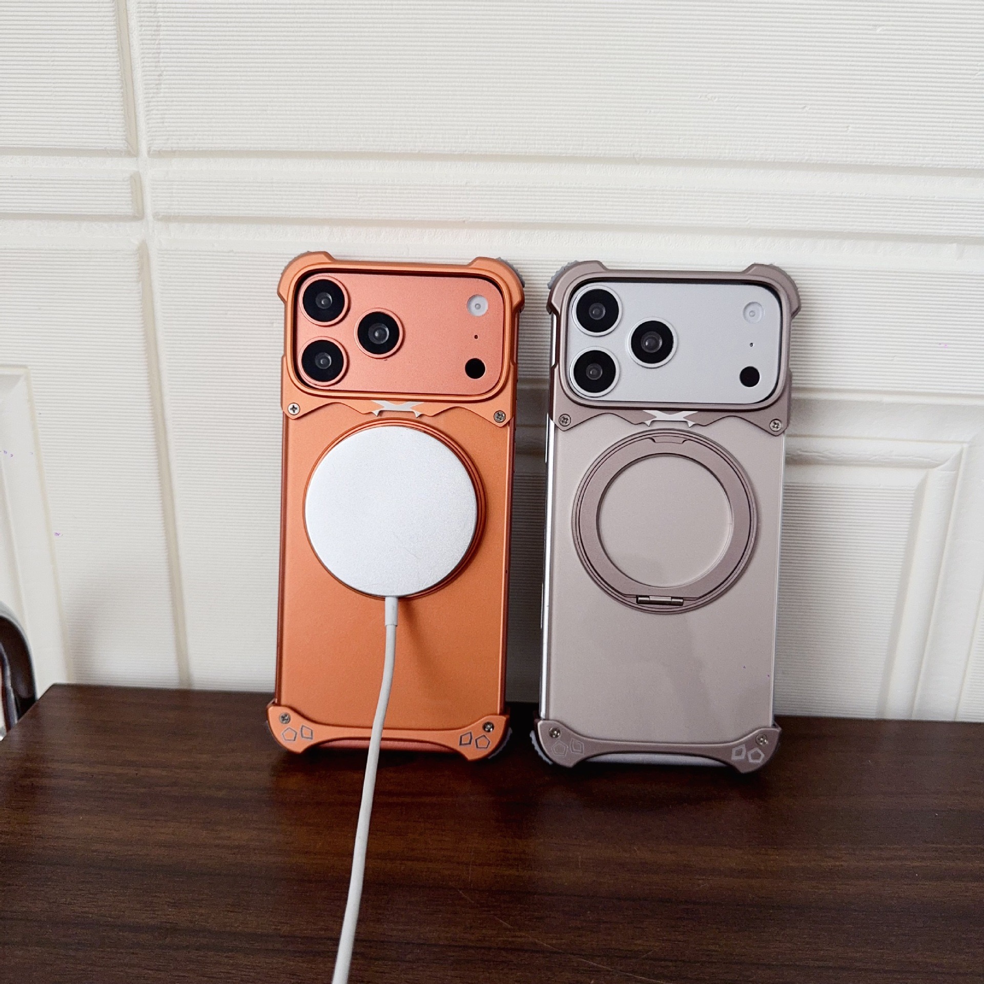 New metal transparent back panel magnetic rotating stand phone case