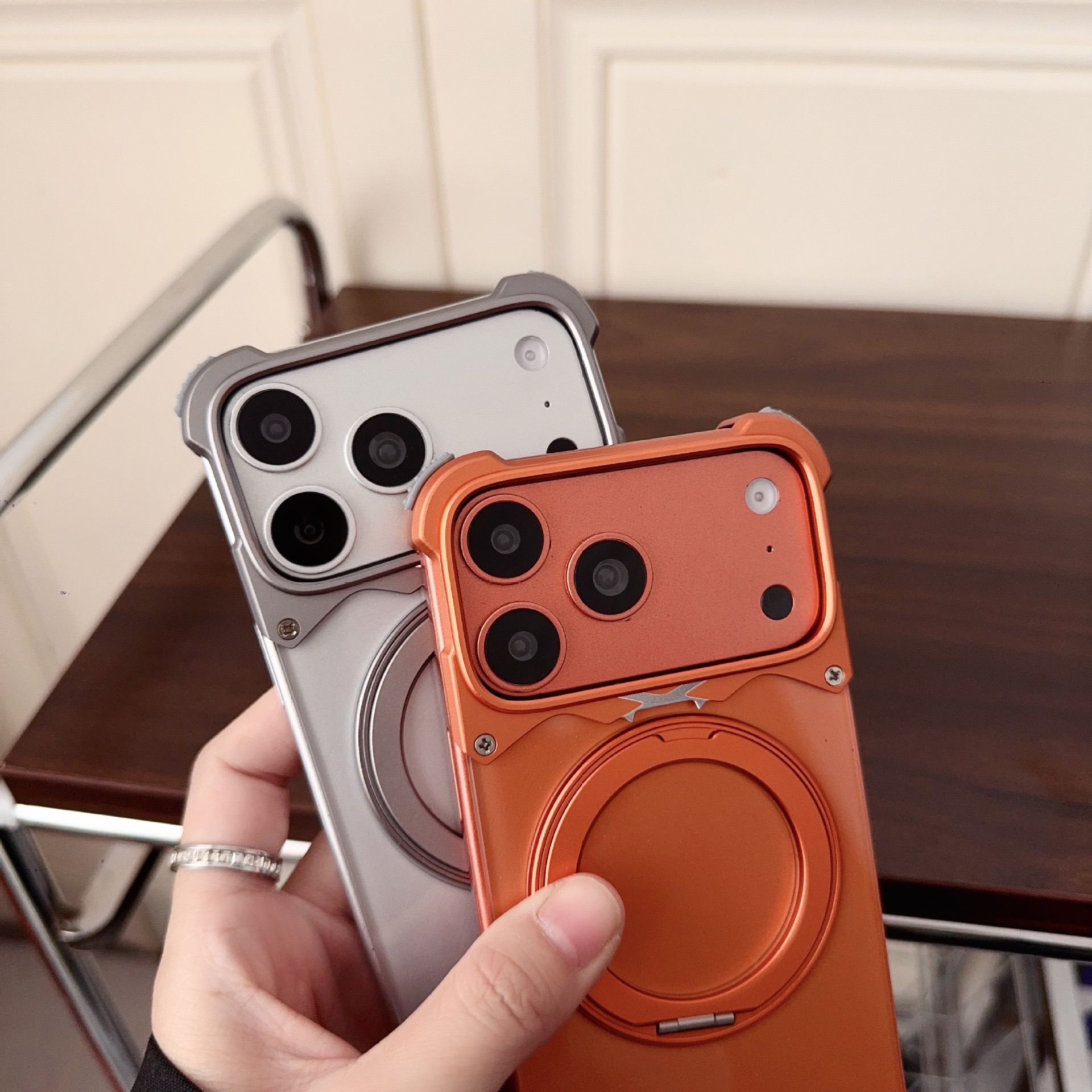 New metal transparent back panel magnetic rotating stand phone case