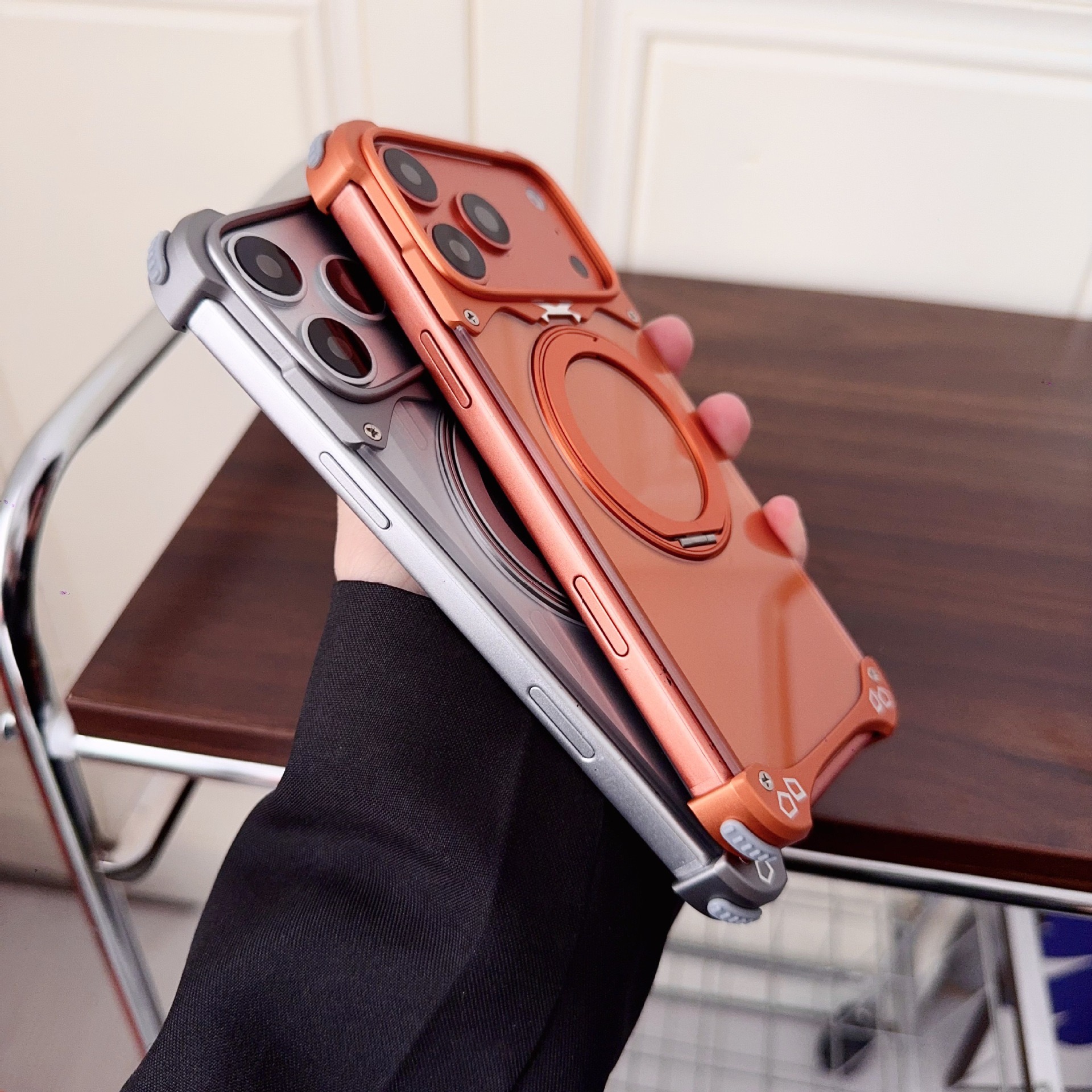 New metal transparent back panel magnetic rotating stand phone case