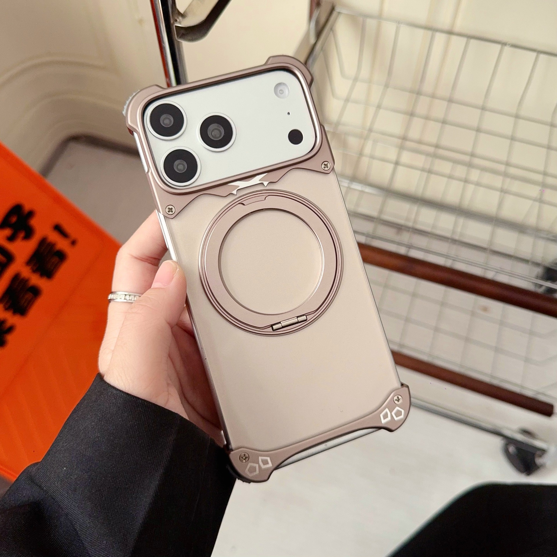 New metal transparent back panel magnetic rotating stand phone case
