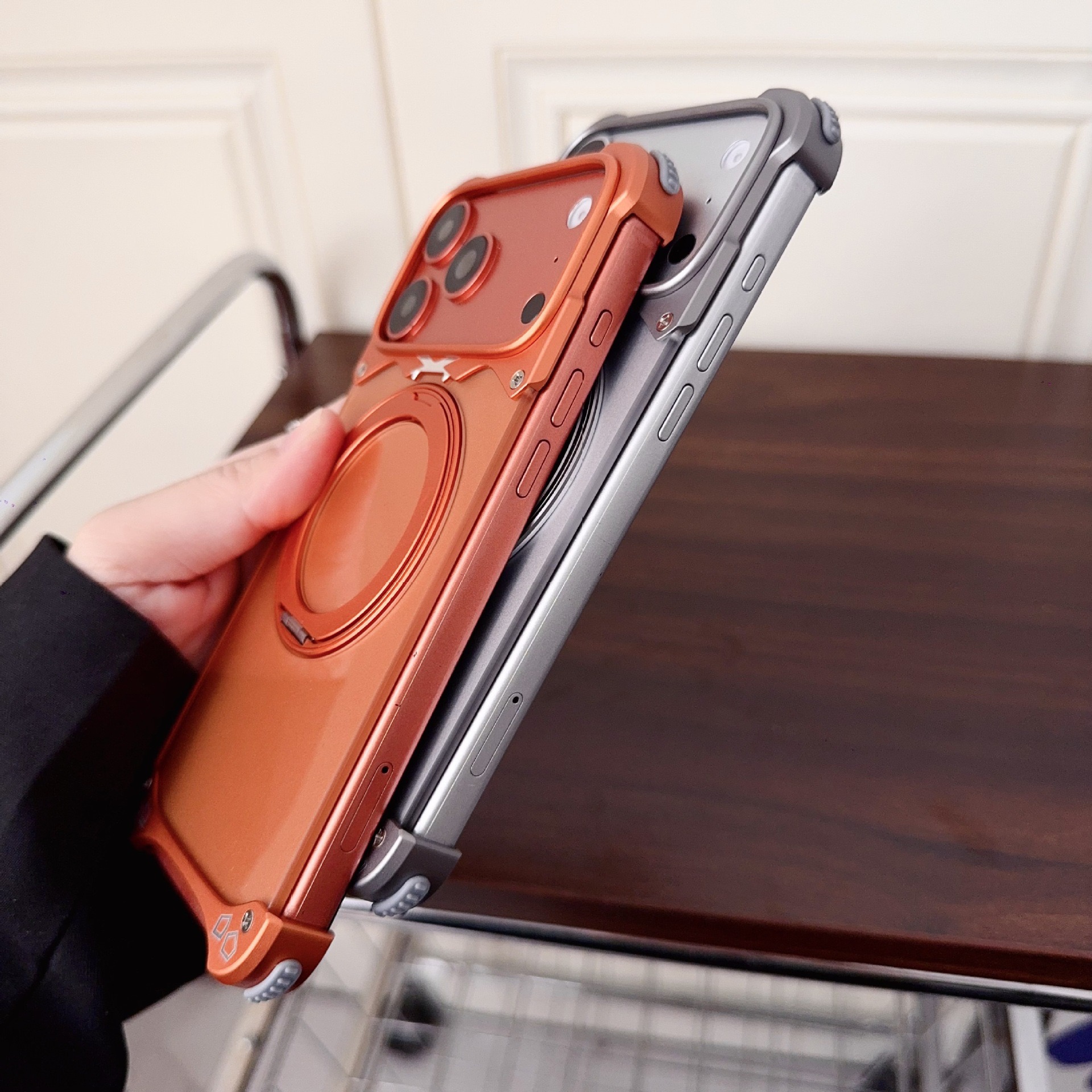 New metal transparent back panel magnetic rotating stand phone case