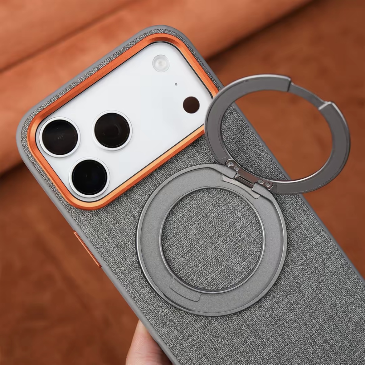 Premium elegant rotating stand leather and fabric textured magnetic phone case
