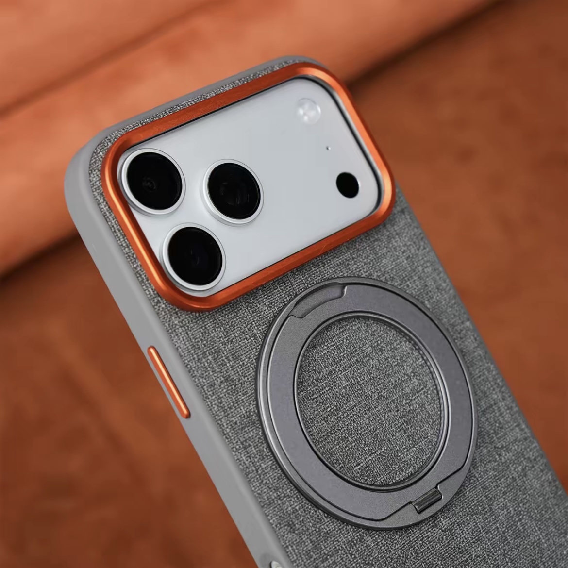 Premium elegant rotating stand leather and fabric textured magnetic phone case