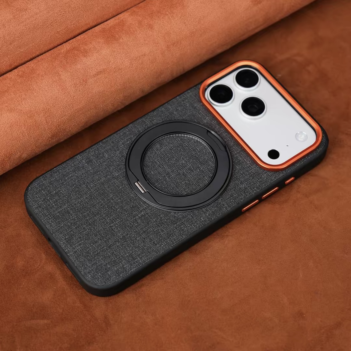 Premium elegant rotating stand leather and fabric textured magnetic phone case