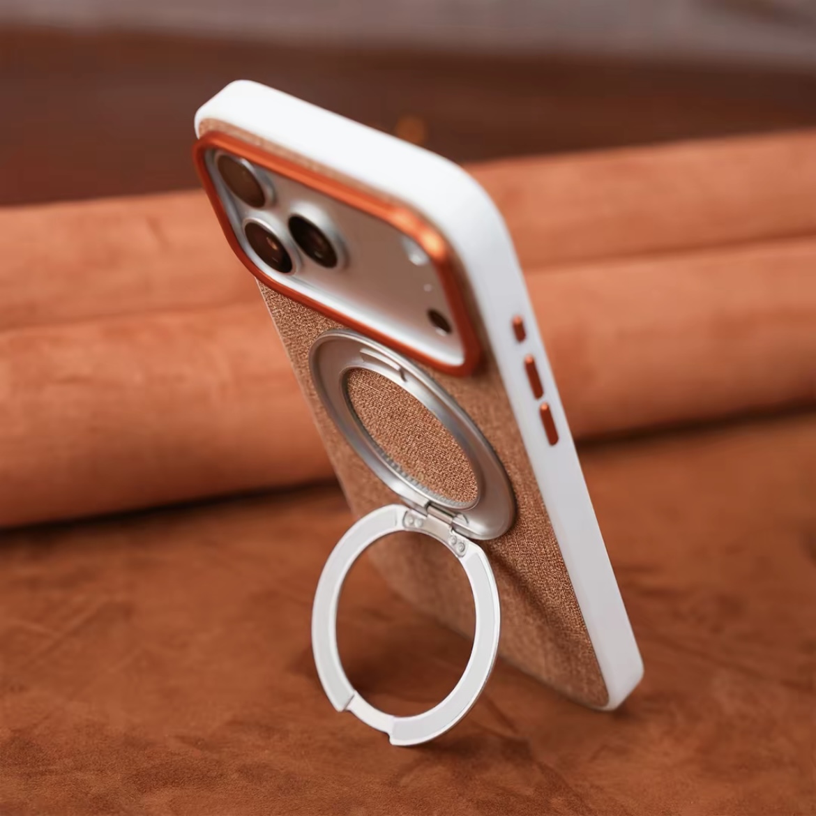 Premium elegant rotating stand leather and fabric textured magnetic phone case