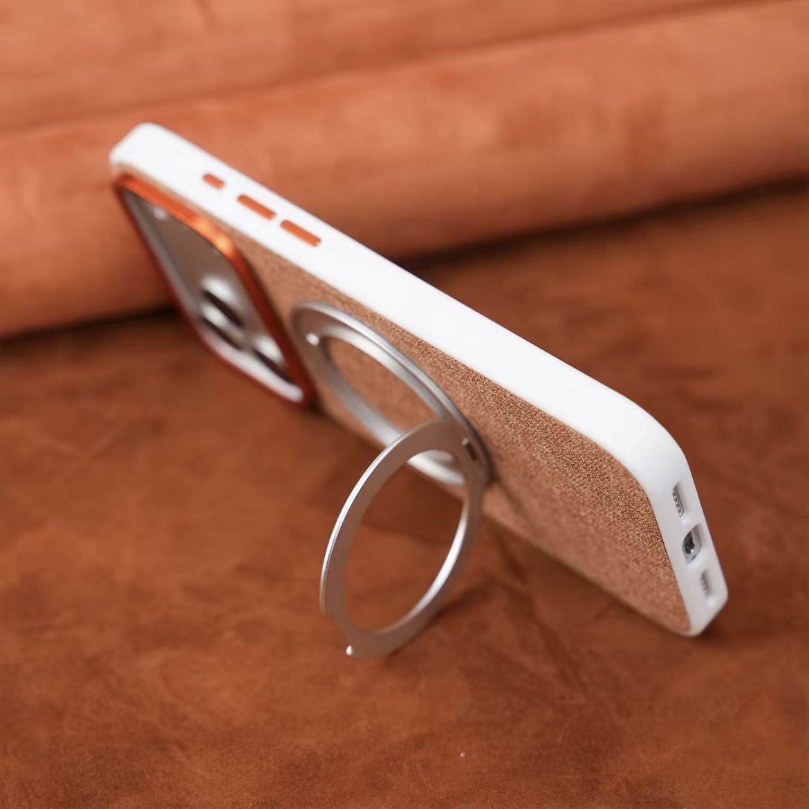 Premium elegant rotating stand leather and fabric textured magnetic phone case