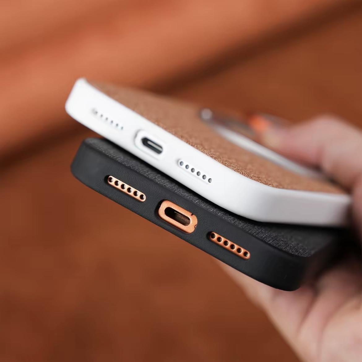 Premium elegant rotating stand leather and fabric textured magnetic phone case