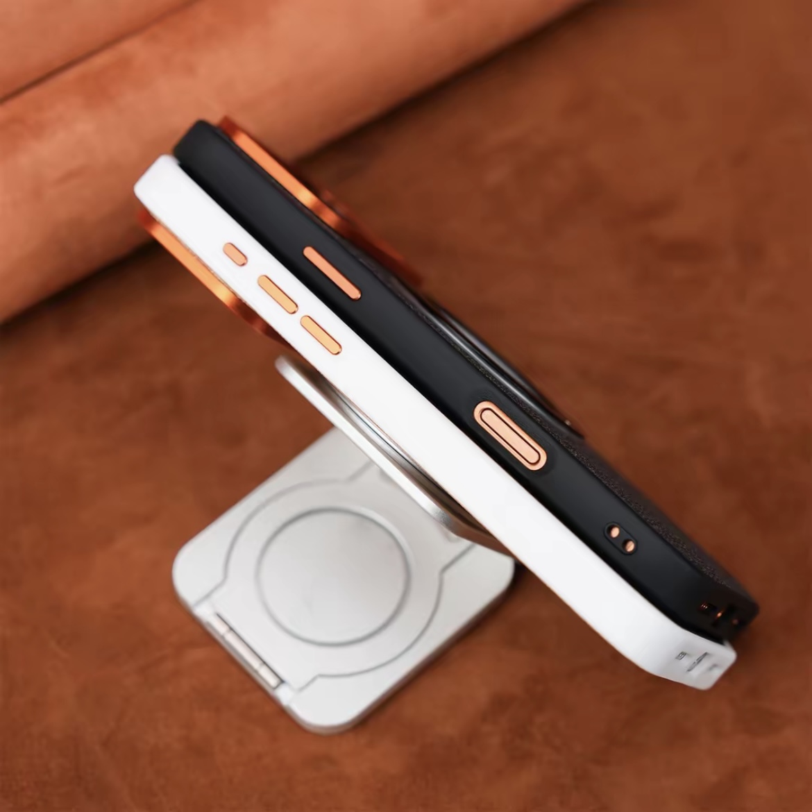 Premium elegant rotating stand leather and fabric textured magnetic phone case