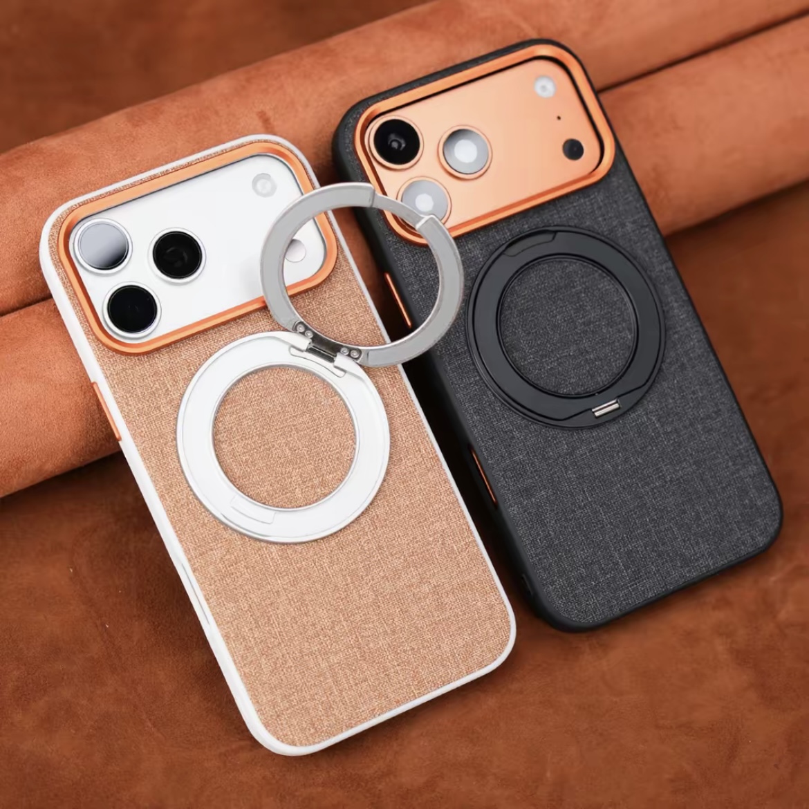 Premium elegant rotating stand leather and fabric textured magnetic phone case