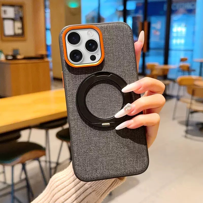 Premium elegant rotating stand leather and fabric textured magnetic phone case