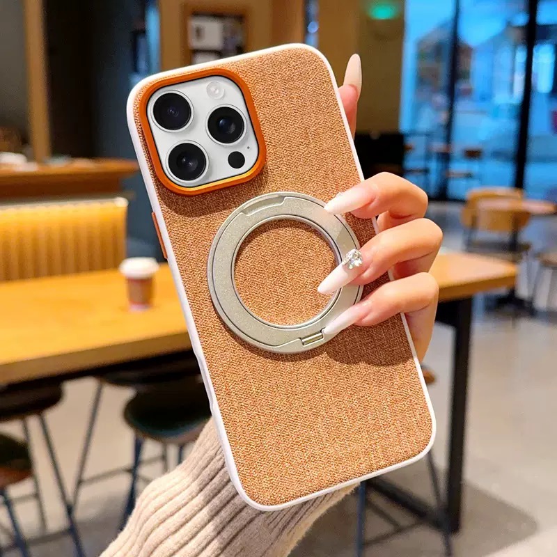 Premium elegant rotating stand leather and fabric textured magnetic phone case