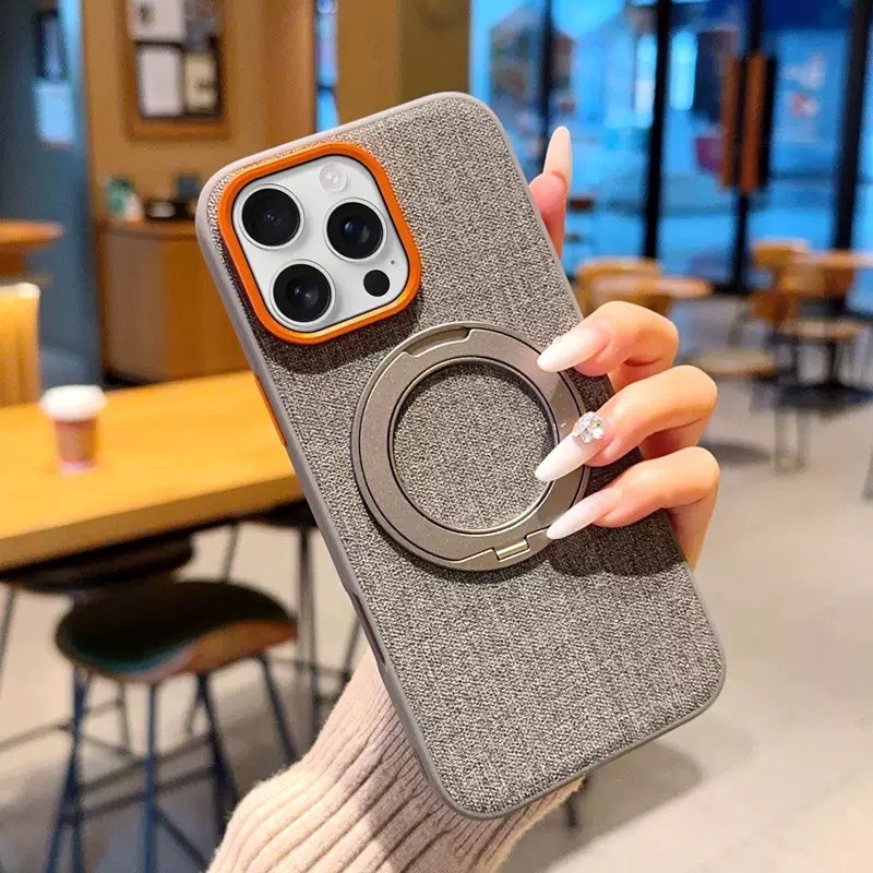 Premium elegant rotating stand leather and fabric textured magnetic phone case