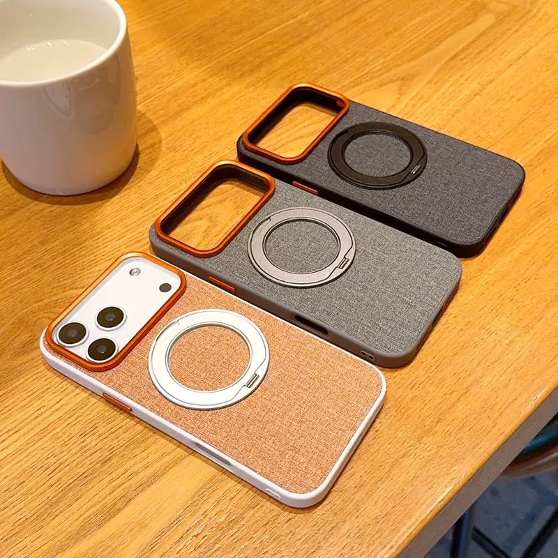 Premium elegant rotating stand leather and fabric textured magnetic phone case