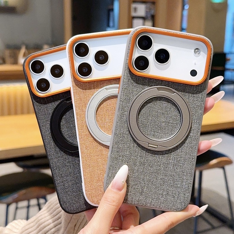 Premium elegant rotating stand leather and fabric textured magnetic phone case
