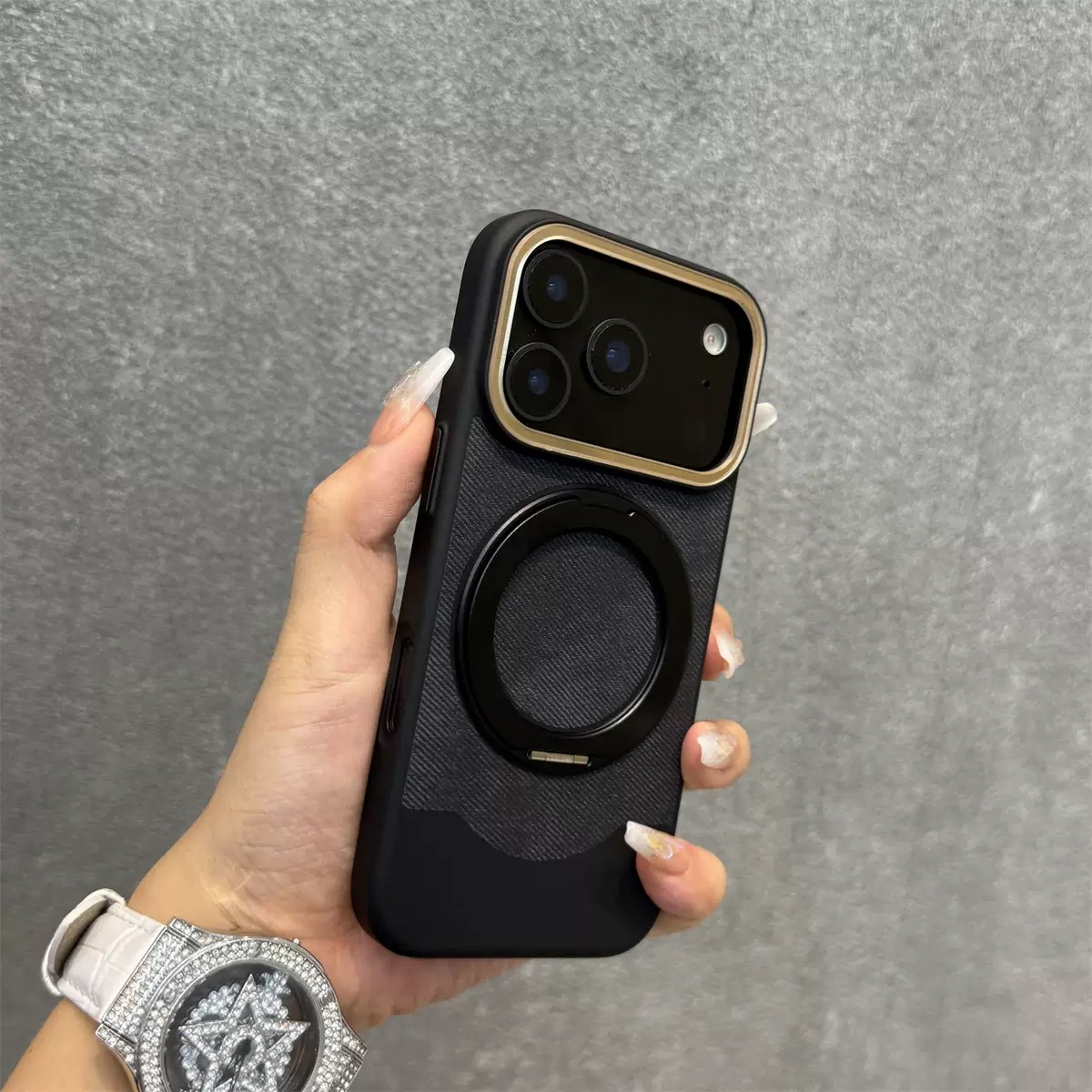 Velvet and Leather Rotating Magnetic Stand Phone Case