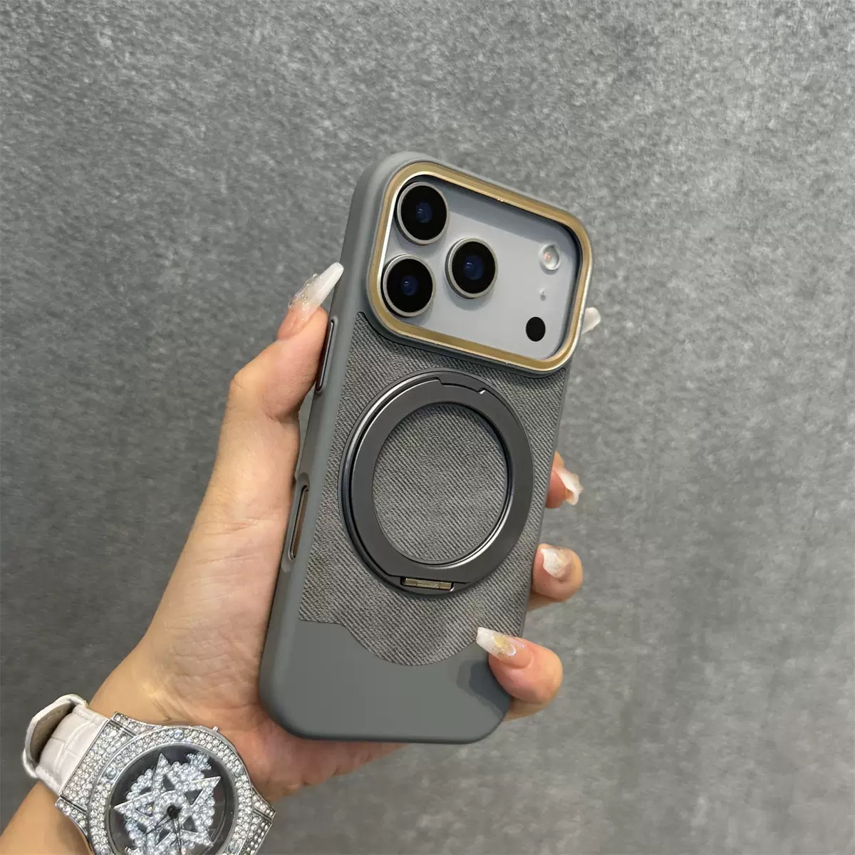 Velvet and Leather Rotating Magnetic Stand Phone Case