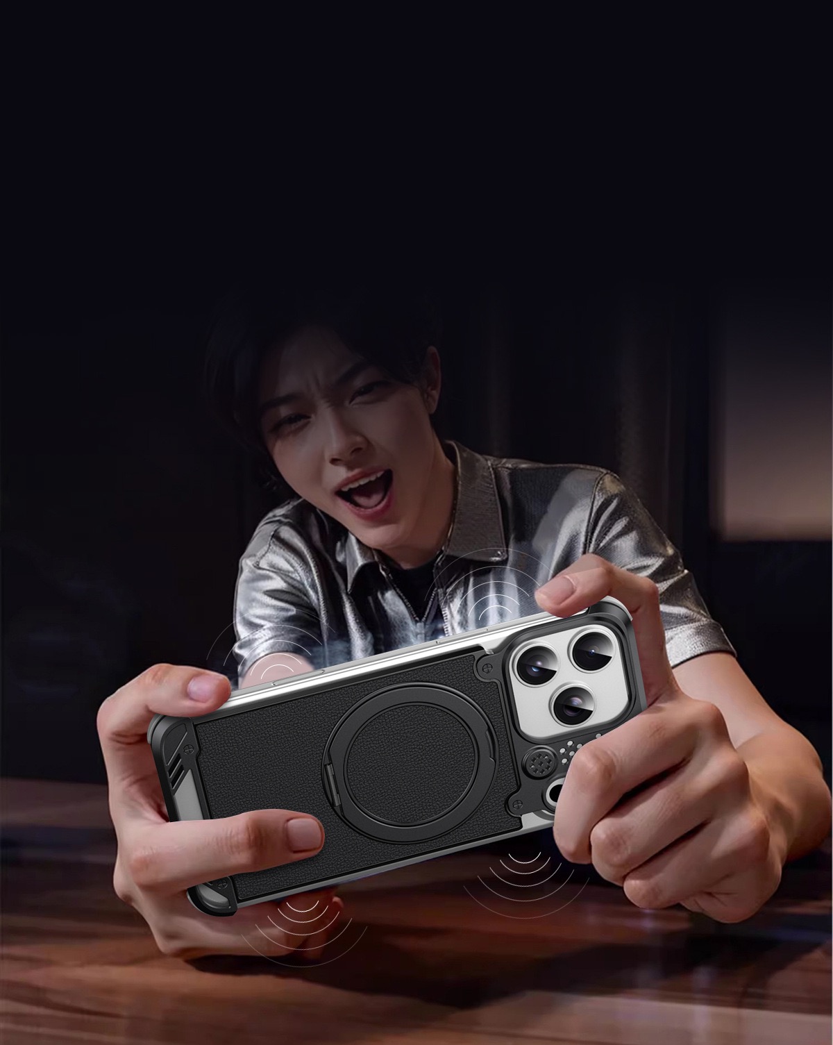 Metal scented leather texture magnetic rotating phone case