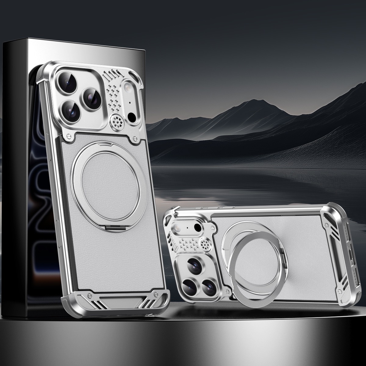 Metal scented leather texture magnetic rotating phone case