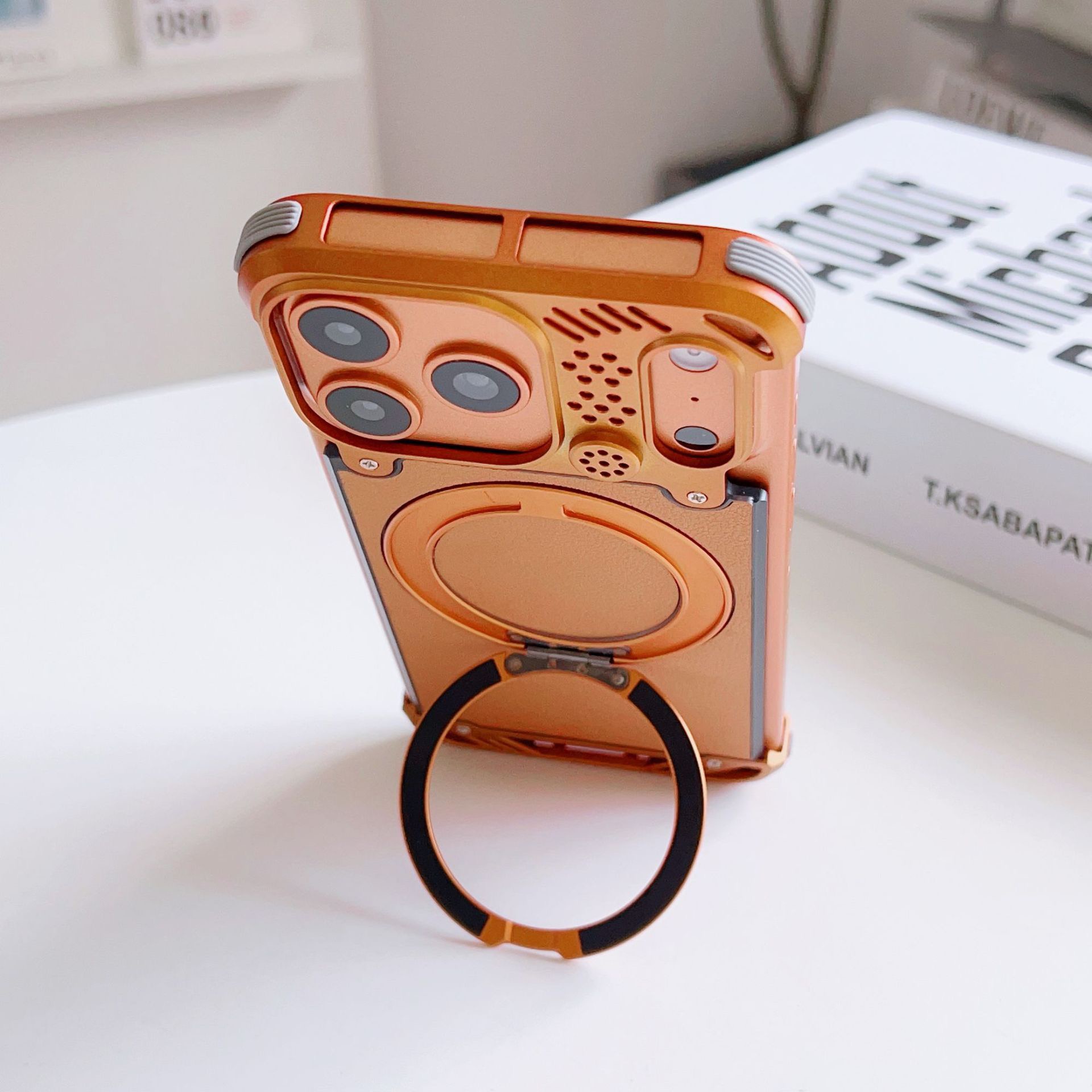 Metal scented leather texture magnetic rotating phone case