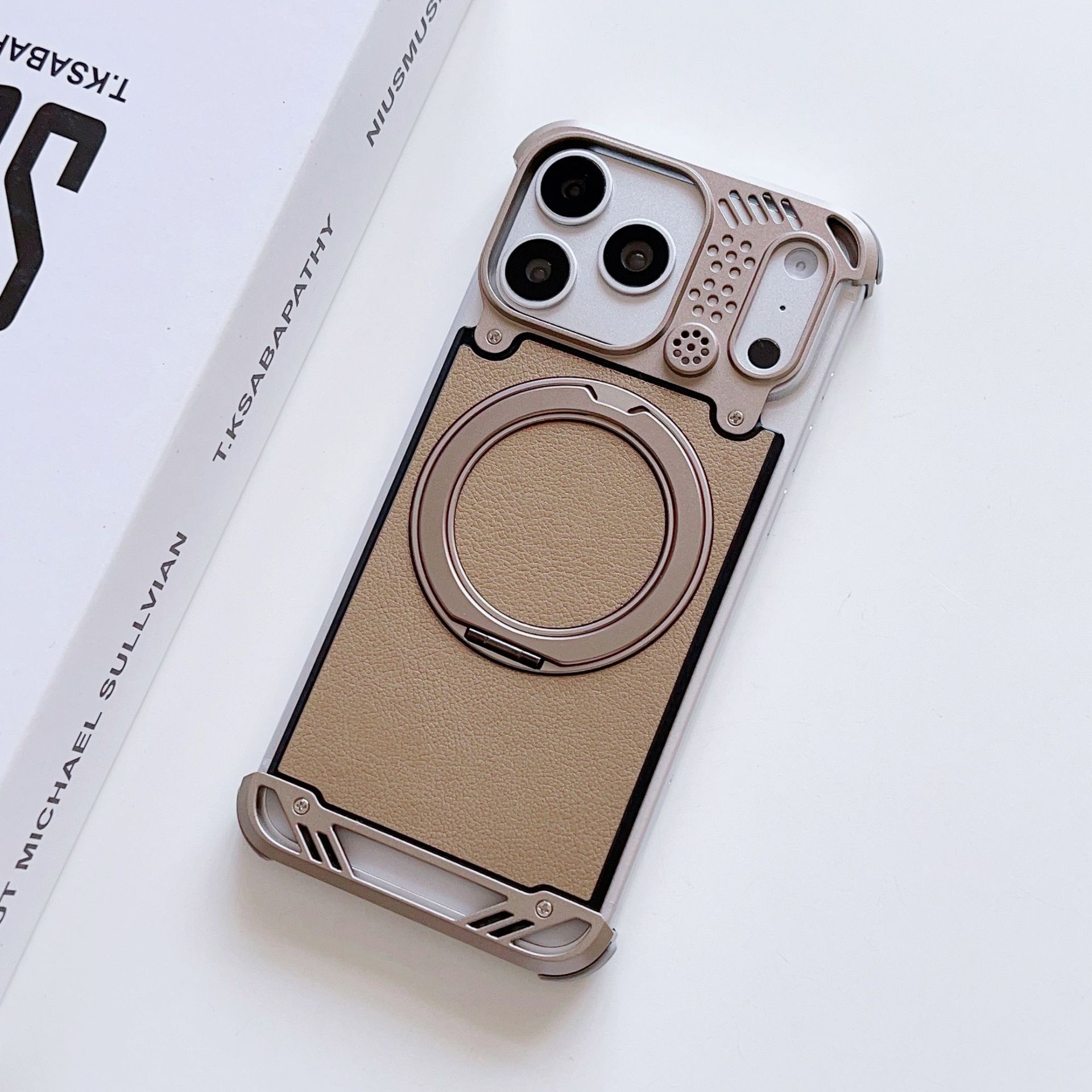 Metal scented leather texture magnetic rotating phone case