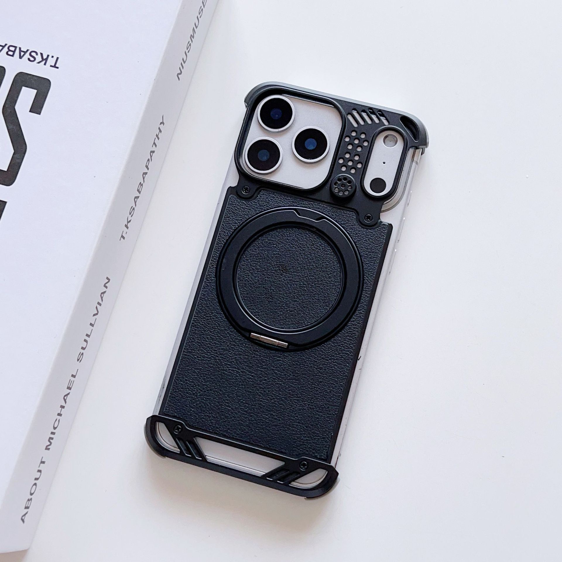 Metal scented leather texture magnetic rotating phone case