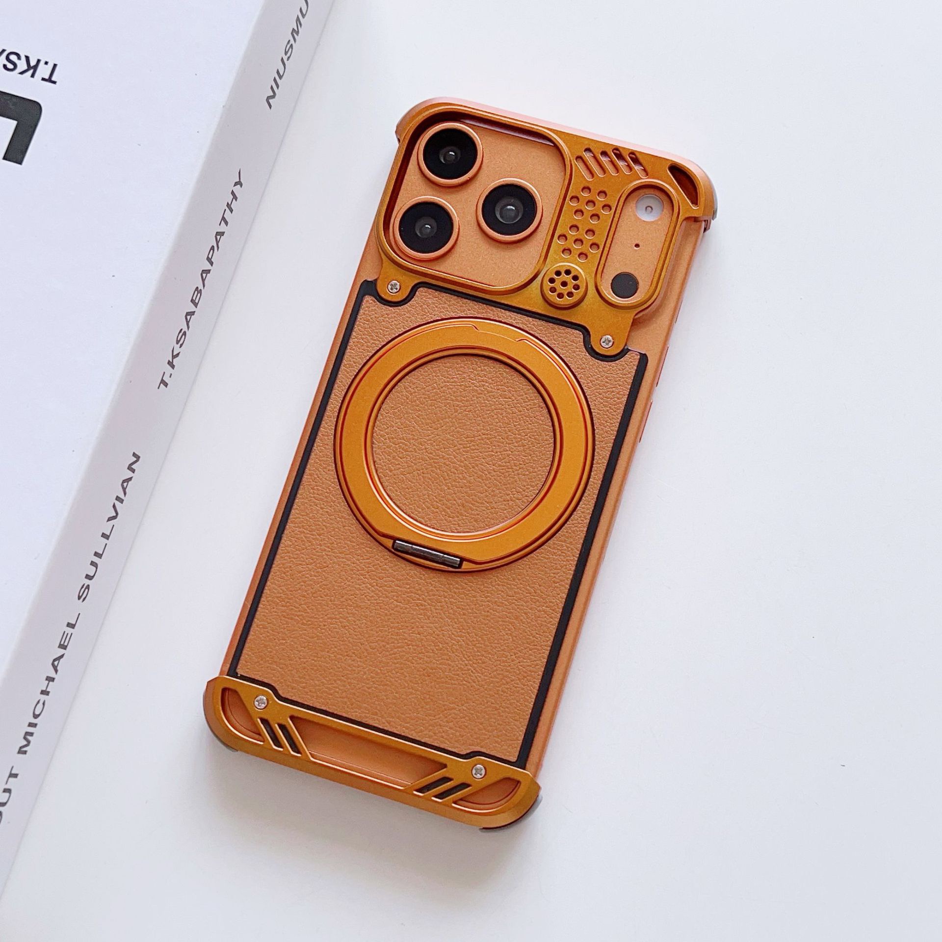 Metal scented leather texture magnetic rotating phone case