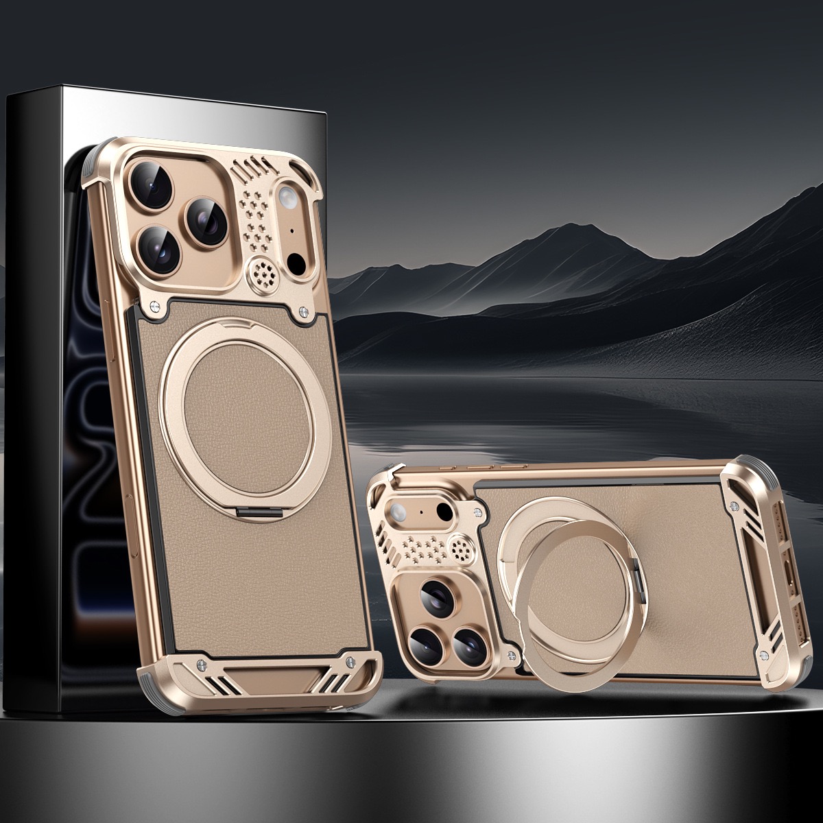 Metal scented leather texture magnetic rotating phone case