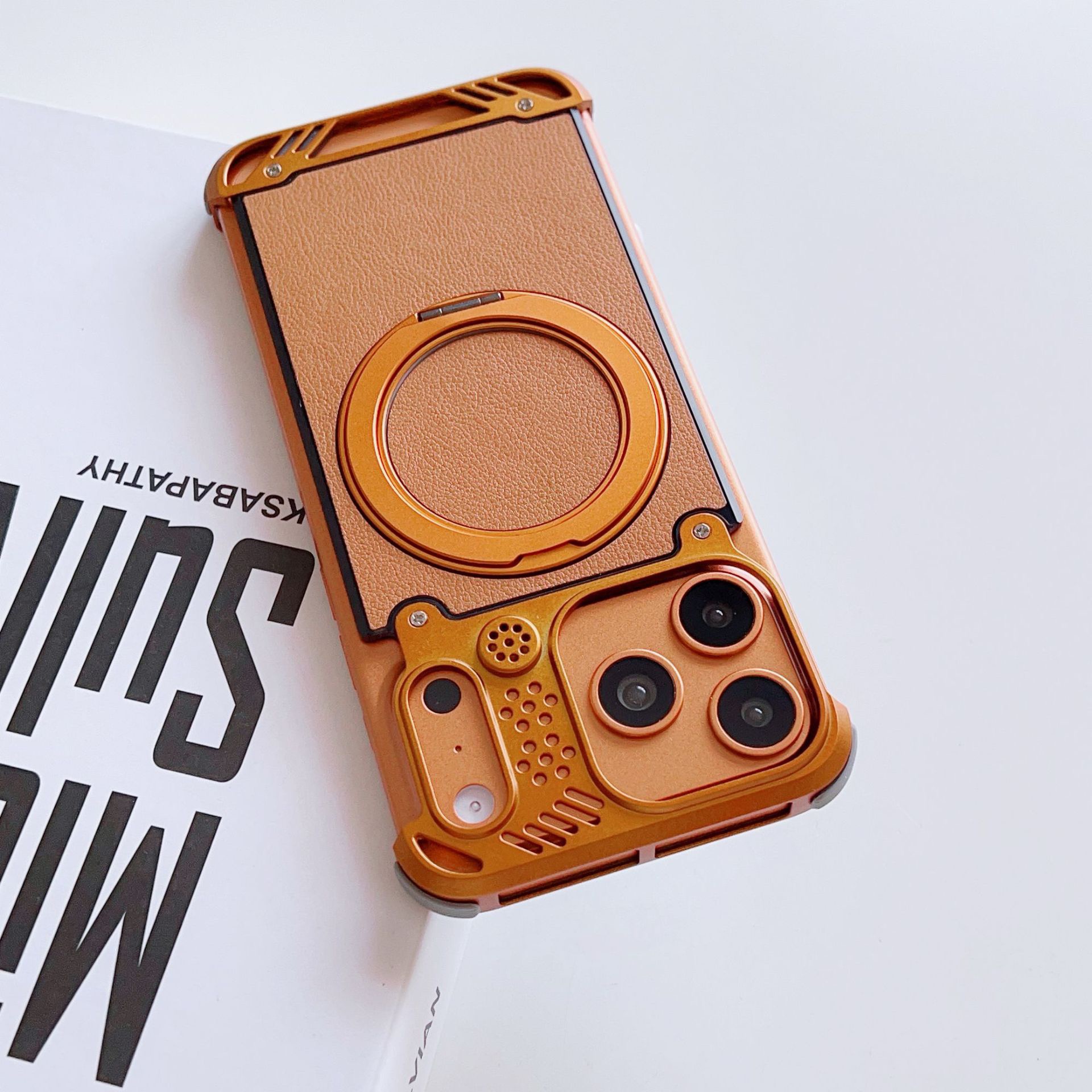 Metal scented leather texture magnetic rotating phone case