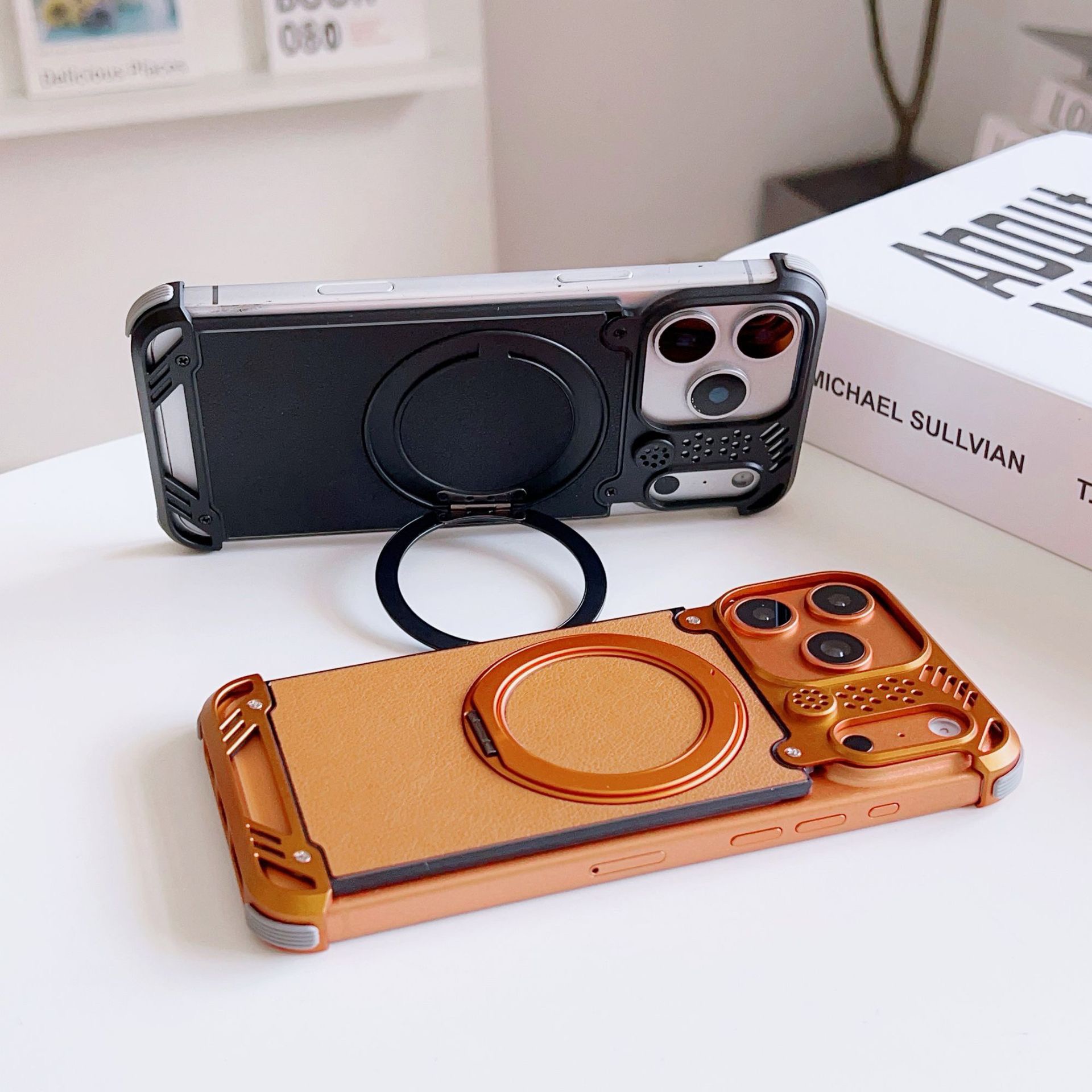 Metal scented leather texture magnetic rotating phone case