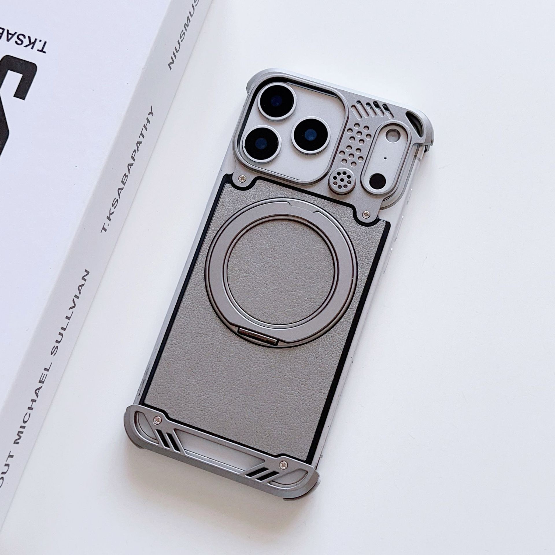 Metal scented leather texture magnetic rotating phone case