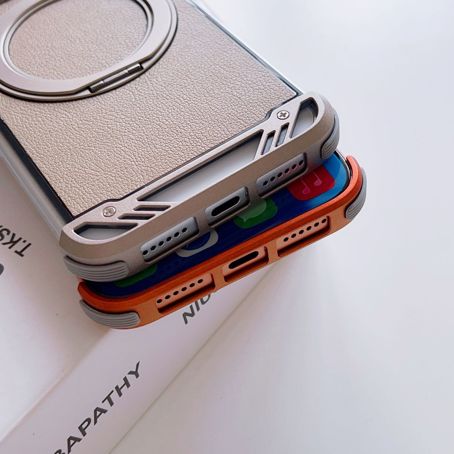 Metal scented leather texture magnetic rotating phone case