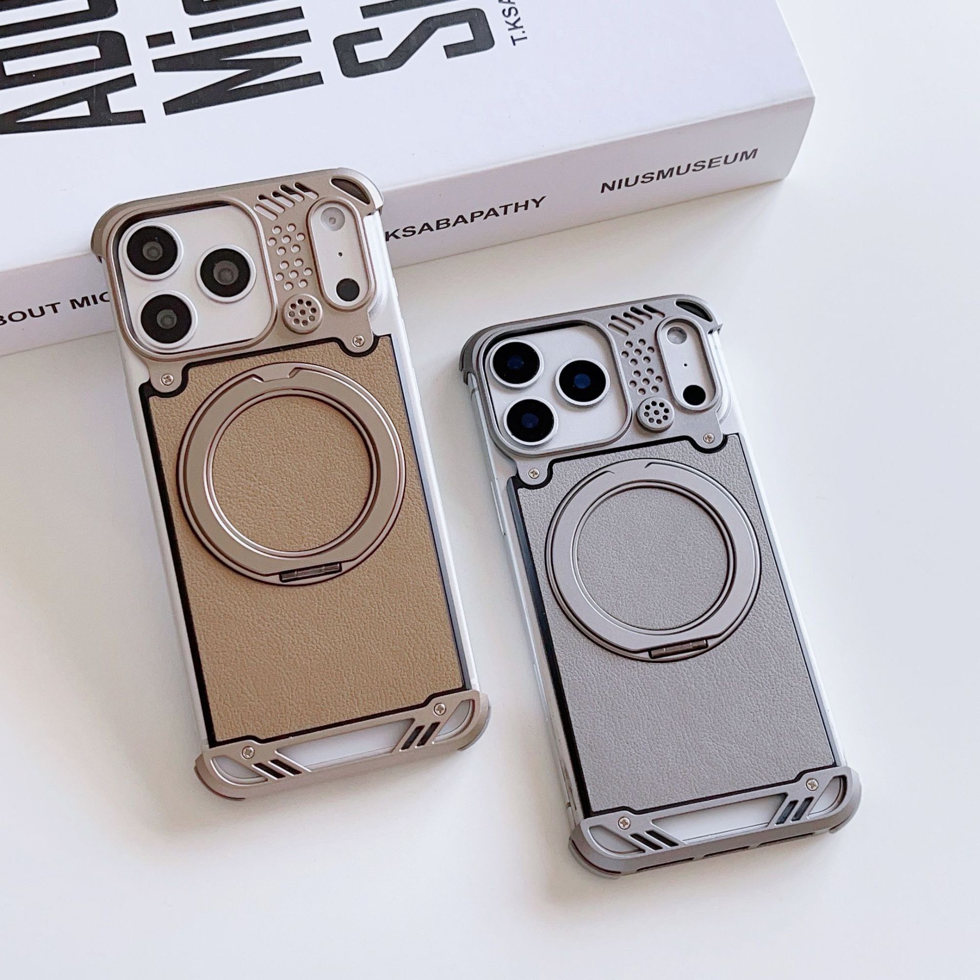 Metal scented leather texture magnetic rotating phone case