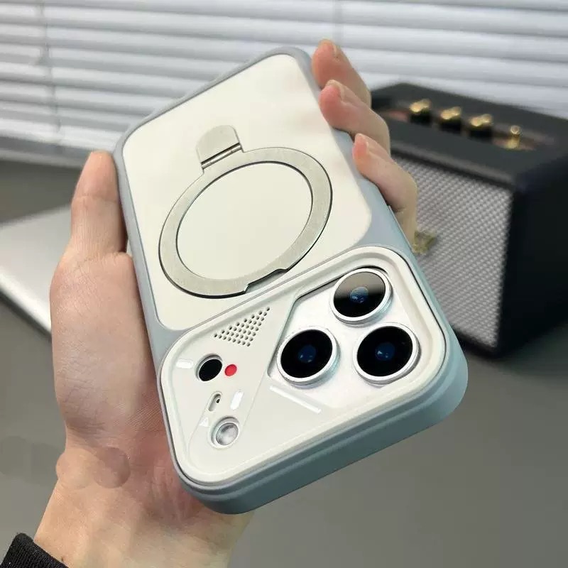 Mecha-style lens frame magnetic phone case