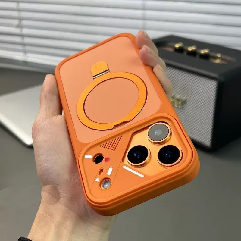 Mecha-style lens frame magnetic phone case