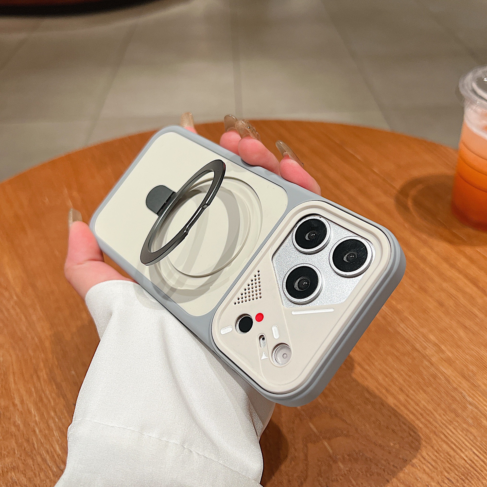 Mecha-style lens frame magnetic phone case