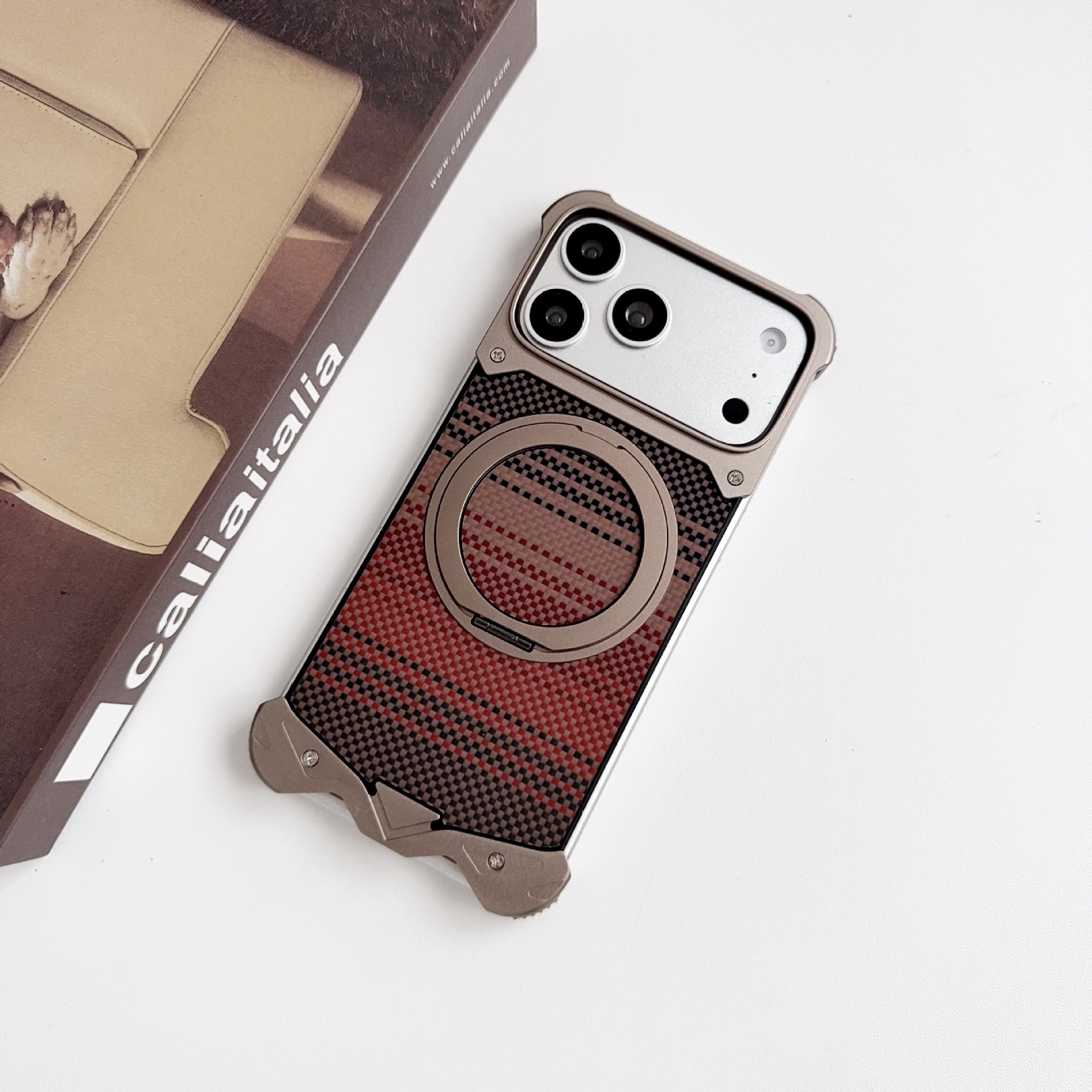 Metal carbon fiber magnetic rotating stand phone case