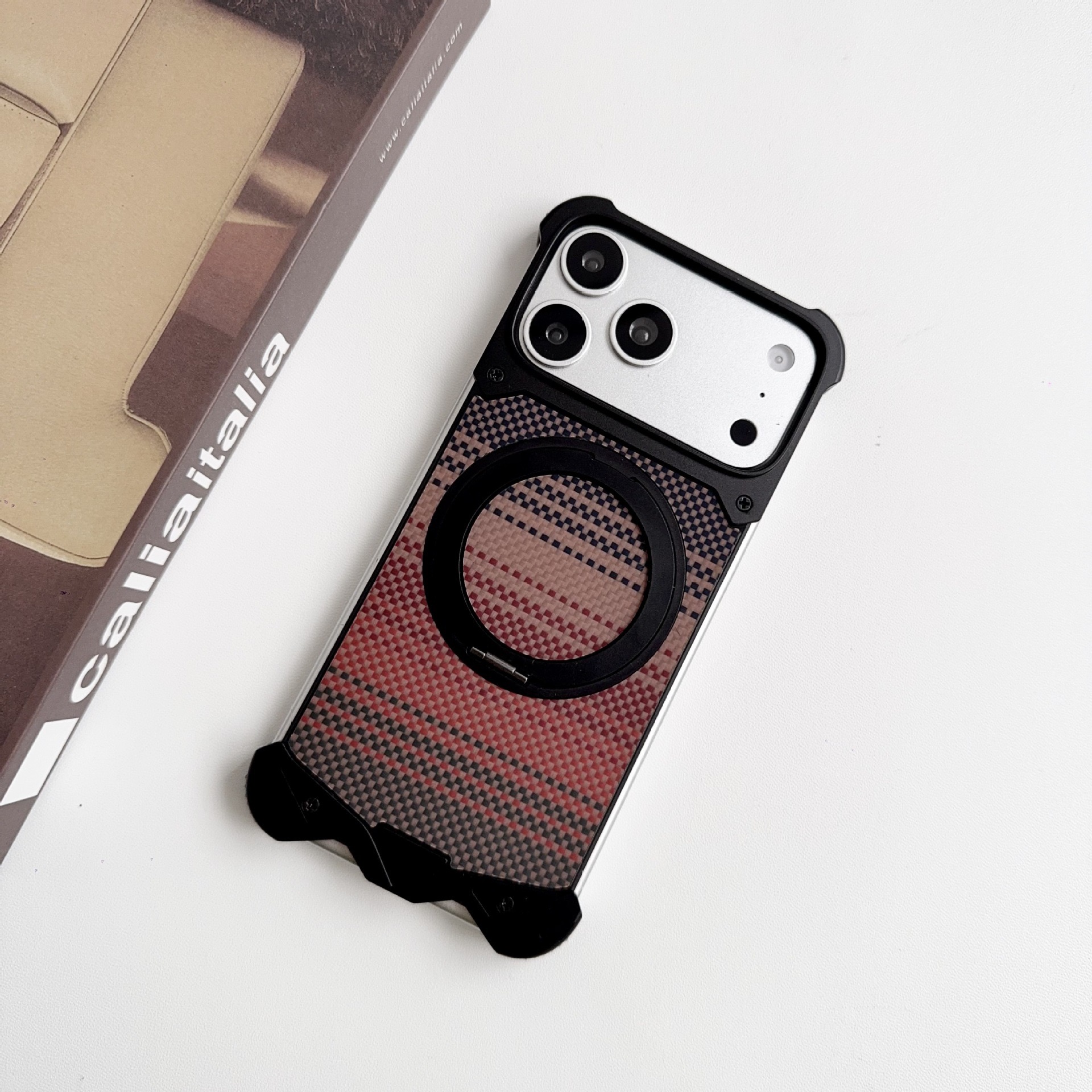 Metal carbon fiber magnetic rotating stand phone case