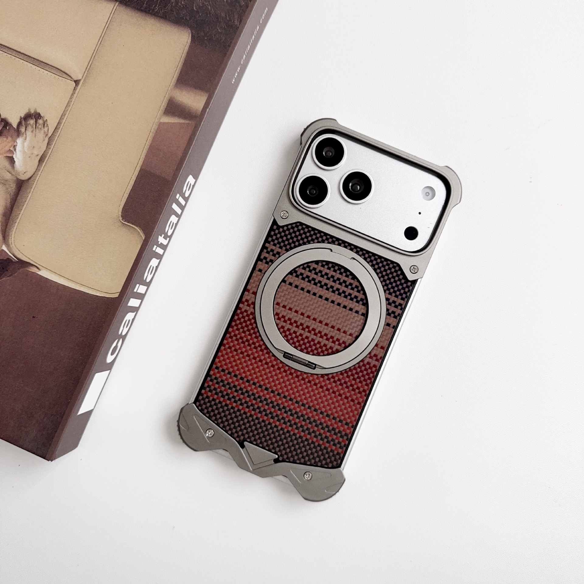 Metal carbon fiber magnetic rotating stand phone case
