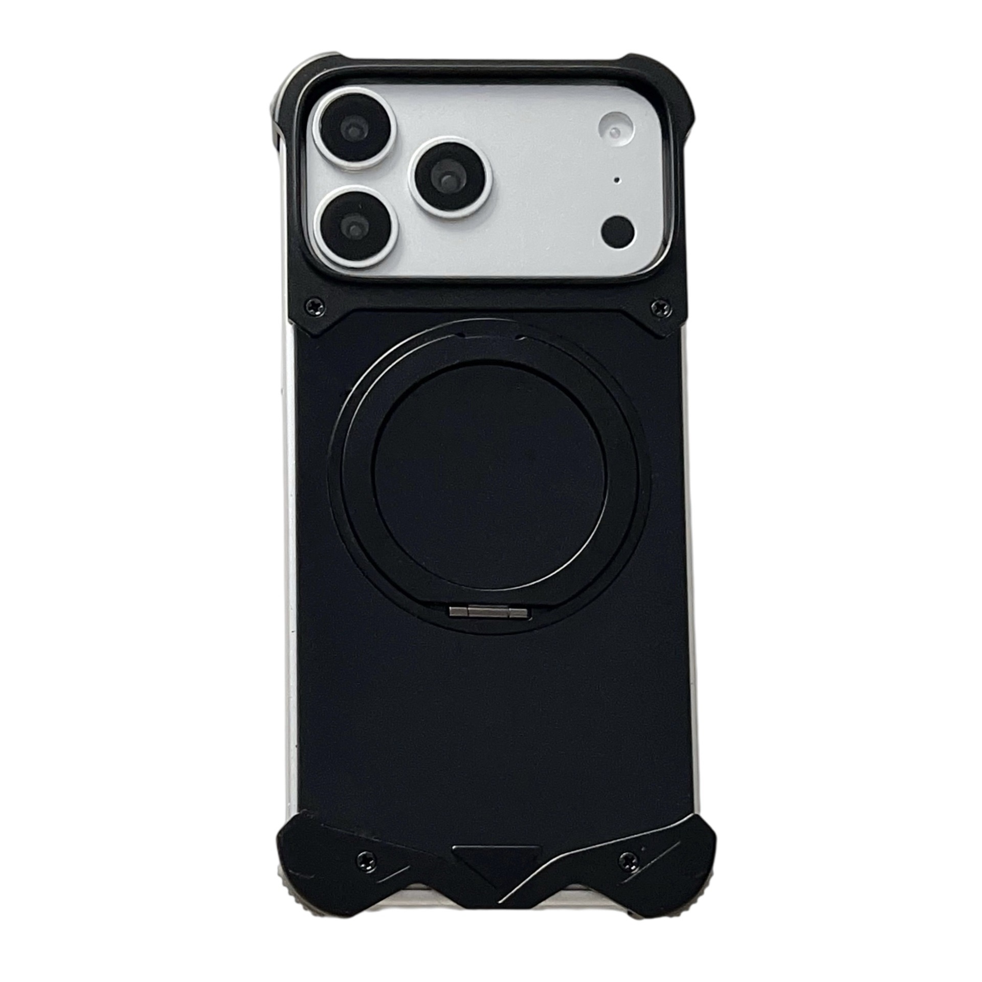 Metal transparent back panel magnetic rotating stand phone case